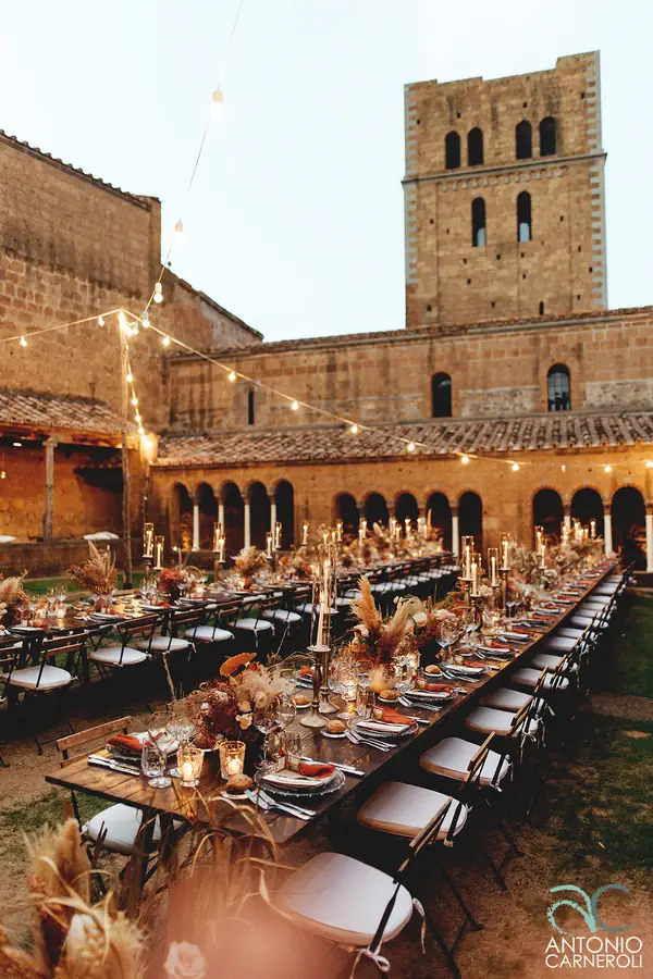 The wedding reception set in the historic San Giusto Abbey in Tuscania.