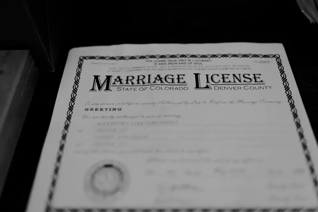 Black and white photo of a marriage licence from Denver County, Colorado.