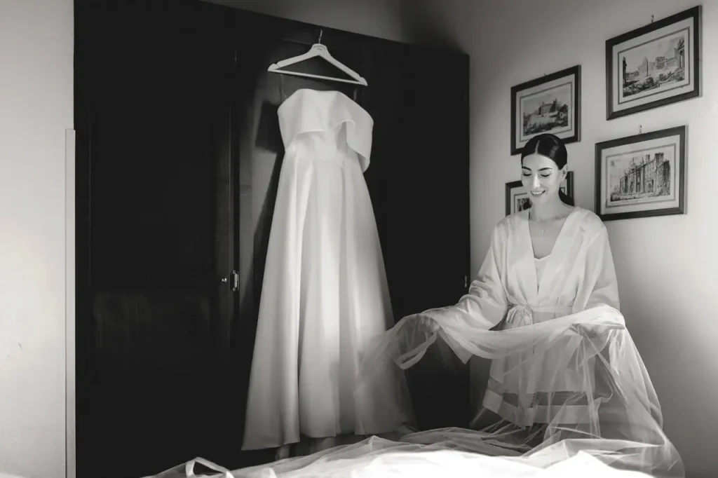 A woman in a robe holds a veil while sitting next to a bed in a room with framed photos. A wedding dress hangs in a closet.