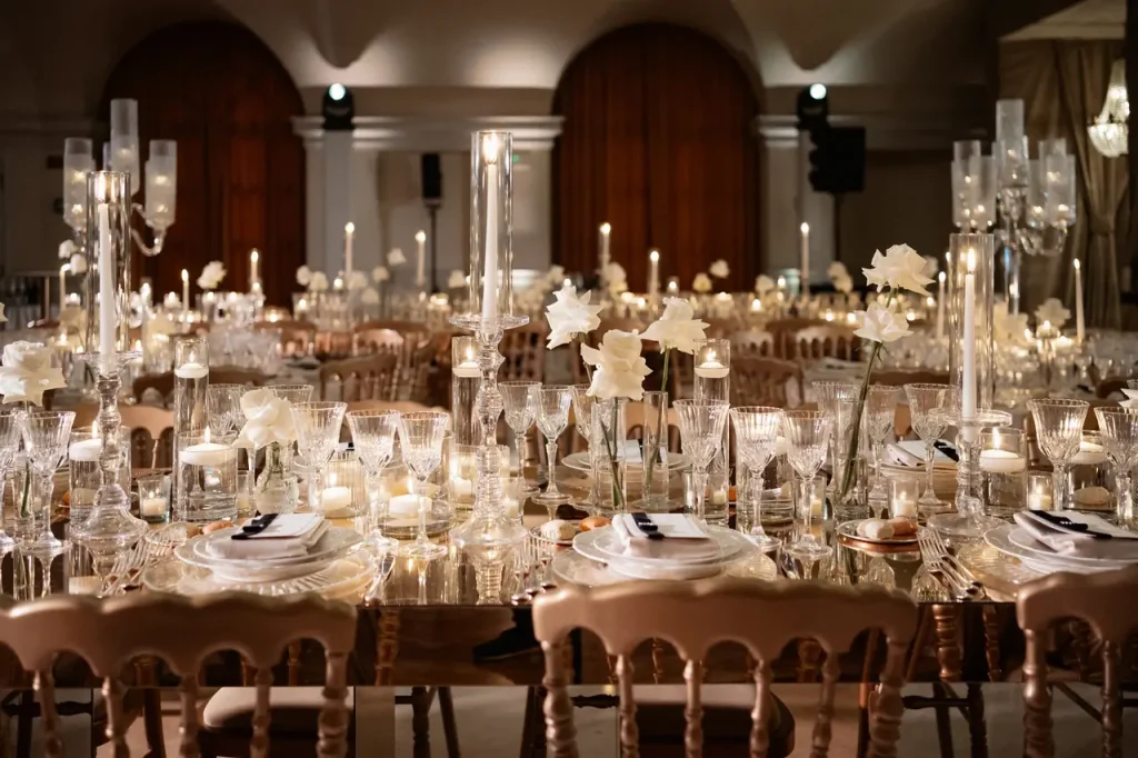Elegant dining tables set with glasses, white flowers and candles in a dimly lit banquet hall.